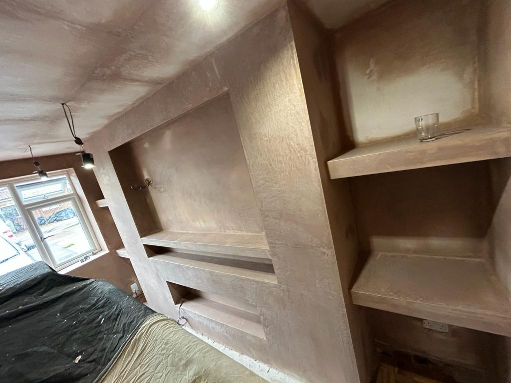 Media wall that has been built and plastered in Whitchurch, Bristol